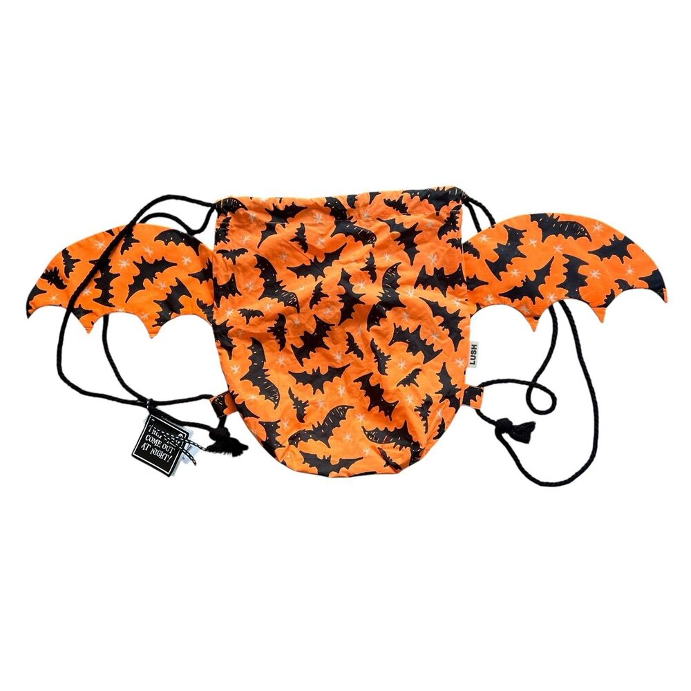 Lush Limited Edition Halloween Bat Wing Orange and Black Drawstring Backpack